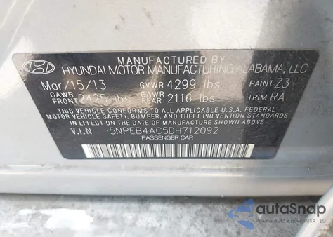 2013 Hyundai Sonata Gls z USA, uszkodzony, nr VIN 5NPEB4AC5DH712092